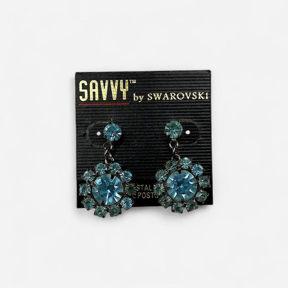 Swarovski vintage blue crystal earrings flower drop deadstock collectors piece